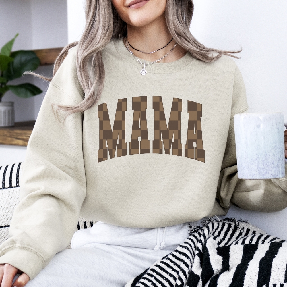 Checkered Mama LV Graphic Cozy Crewneck Sweatshirt NEW